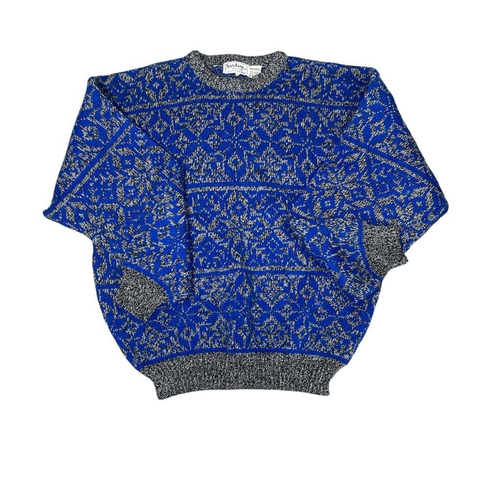 Vintage Santana Ltd Blue Gray Geometric Knit Sweater Men’s Size XL 80s 90s
